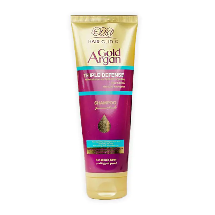 شامبو الشعر الذهبي من إيفا كلينيك بالأرغان لجميع أنواع الشعر - 15 مل - قاعدة 1 - ef24fbb6 شامبو العناية الثلاثية بالشعر بالذهب وزيت الارجان هير كلينيك من ايفا - 230 مل - الصورة 1